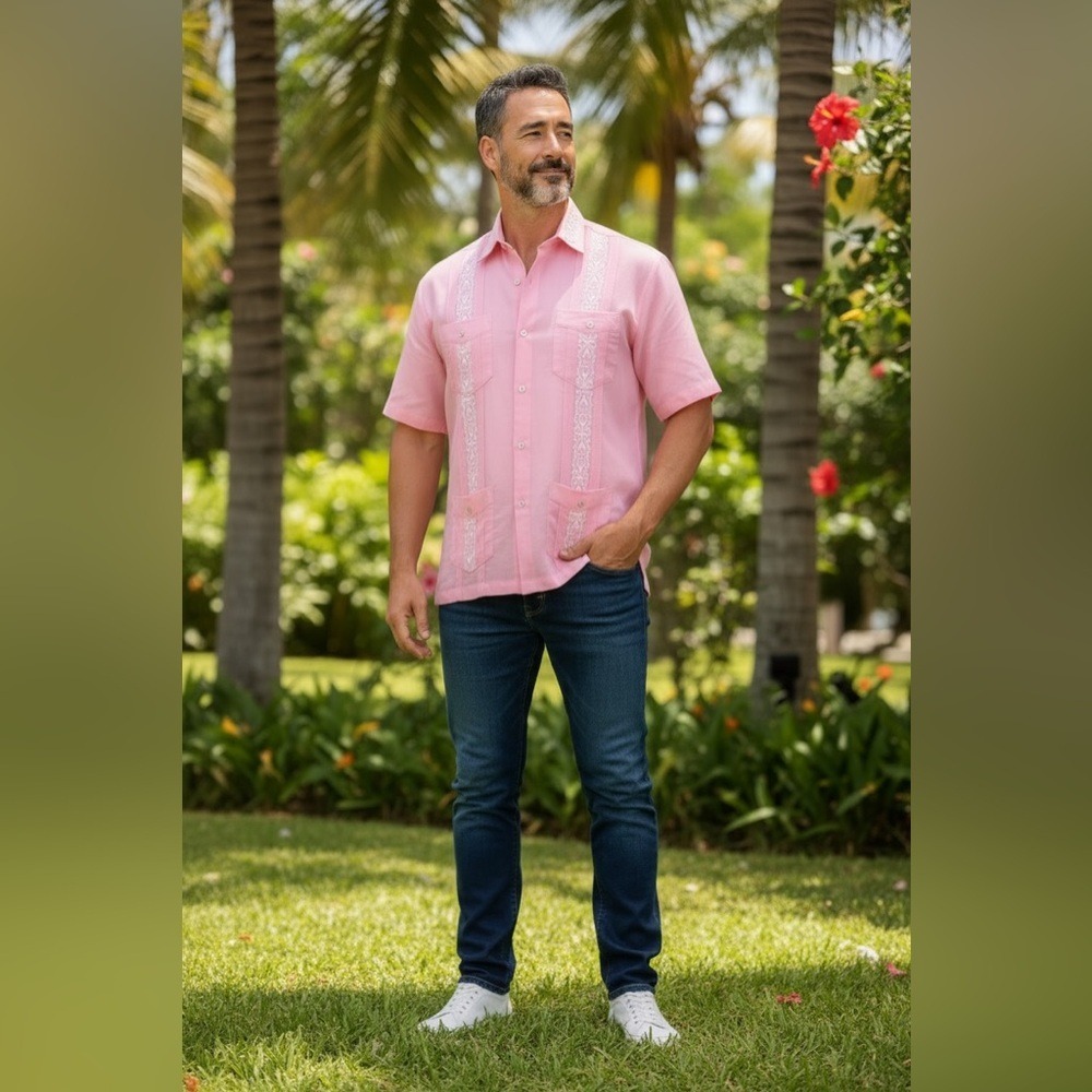 Pink Collared Short Sleeve Shirt.‎ Guayabera with White Embroidery. Snap Buttons - Picture 5 of 15